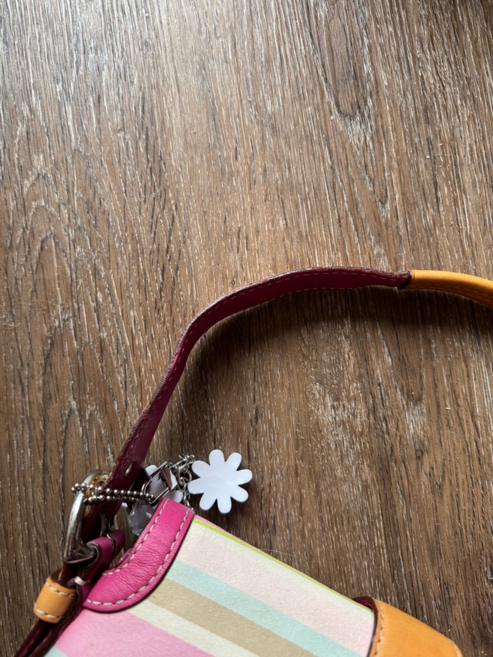 Vintage Coach Striped Pastel Shoulder Bag with Pink Trim and Tan Buckle - Picture 12 of 17